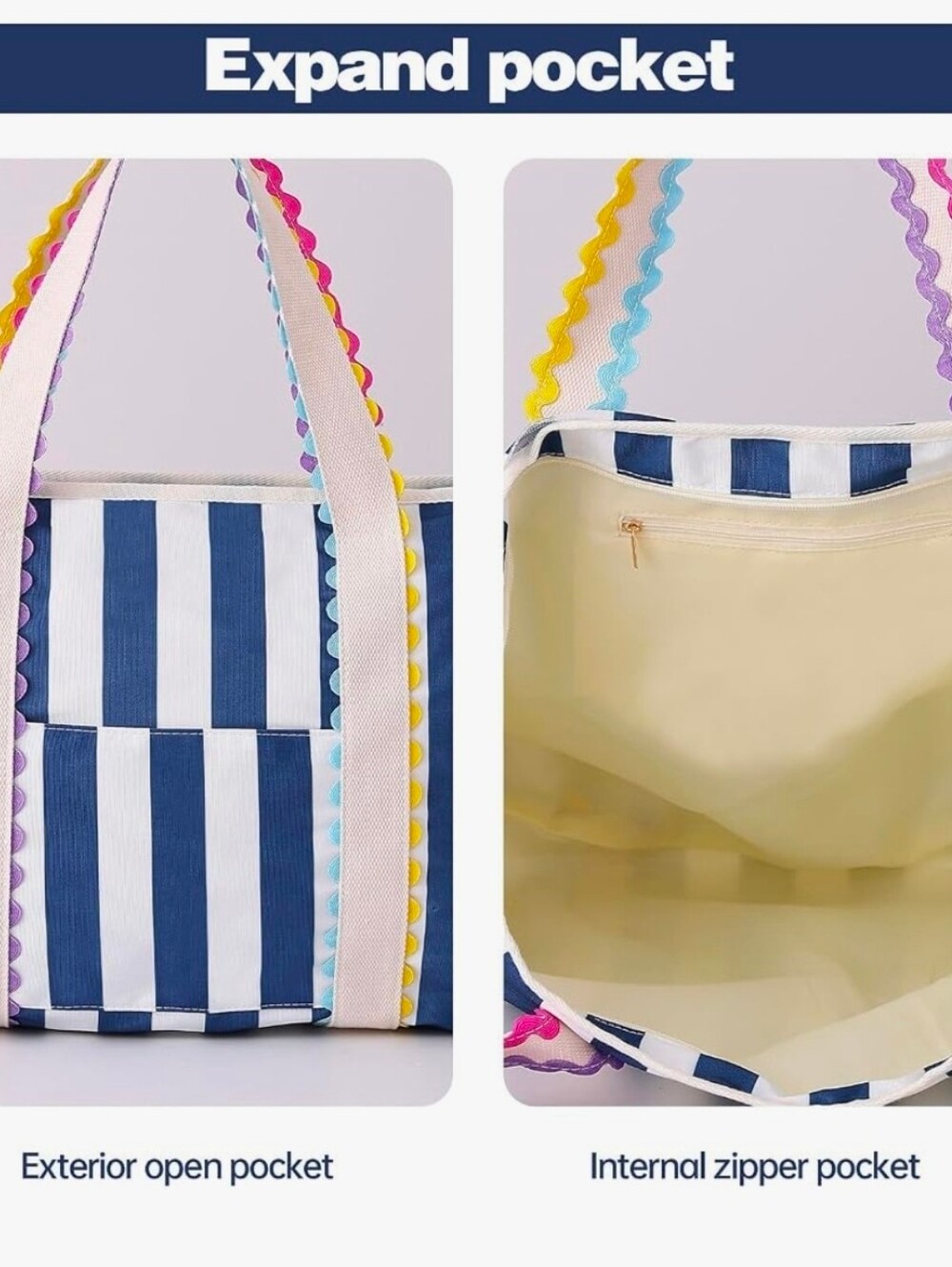 Blue & White Striped Durable Large Canvas Tote Bag W. Zipper | NEW WITH TAGS | - Picture 5 of 6